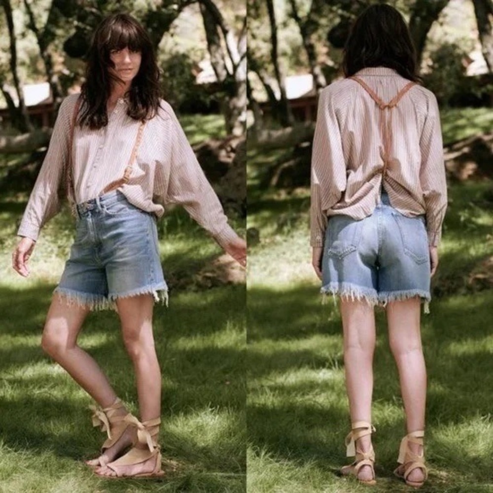 THE GREAT. The Easy Cut Off Prairie Slouchy Boyish Denim Shorts Fray Hem Blue 25
